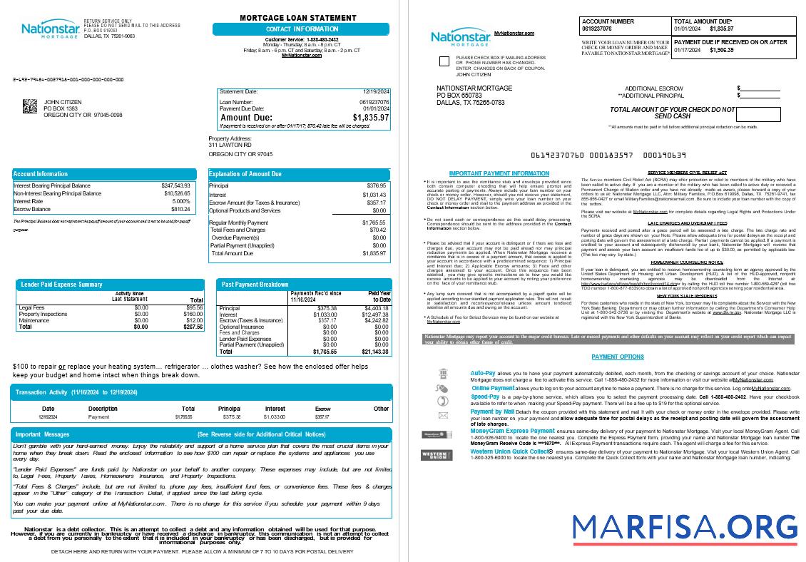 Printable USA Texas Nationstar Mortgage LLC mortgage loan statement, 8 pages scr example